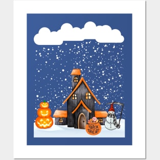 Creepy snowman spooky hut lots of snowflakes snow pumpkin Halloween Posters and Art